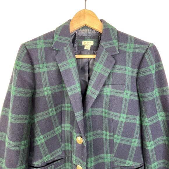 J. Crew Black Watch Plaid Schoolboy Blazer Blue Green Sz 12 Wool Blend - Picture 4 of 15